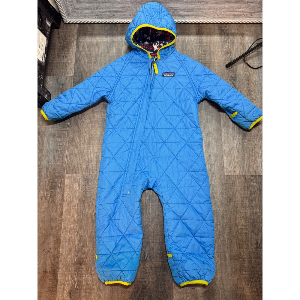 Patagonia Puff-Ball Bunting Reversible Blue Animal Print Snowsuit 12-18 Months